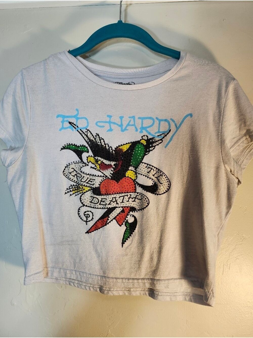 Ed Hardy GreyTee with  Colorful Studded Tattoo Graphic Eagle Cropped